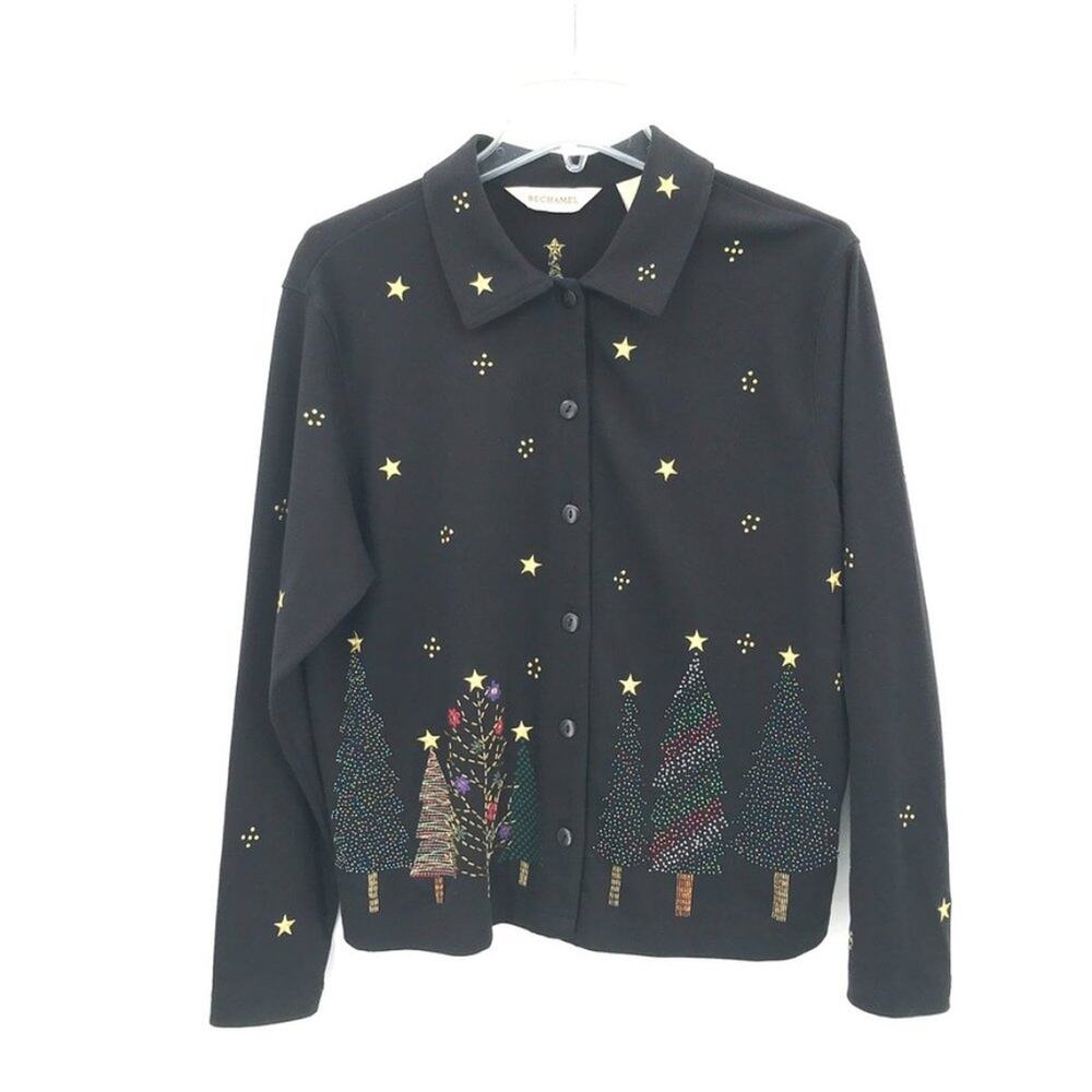 Bechamel Womens Christmas Tree Holiday Button Up Embroidered Beaded Top M